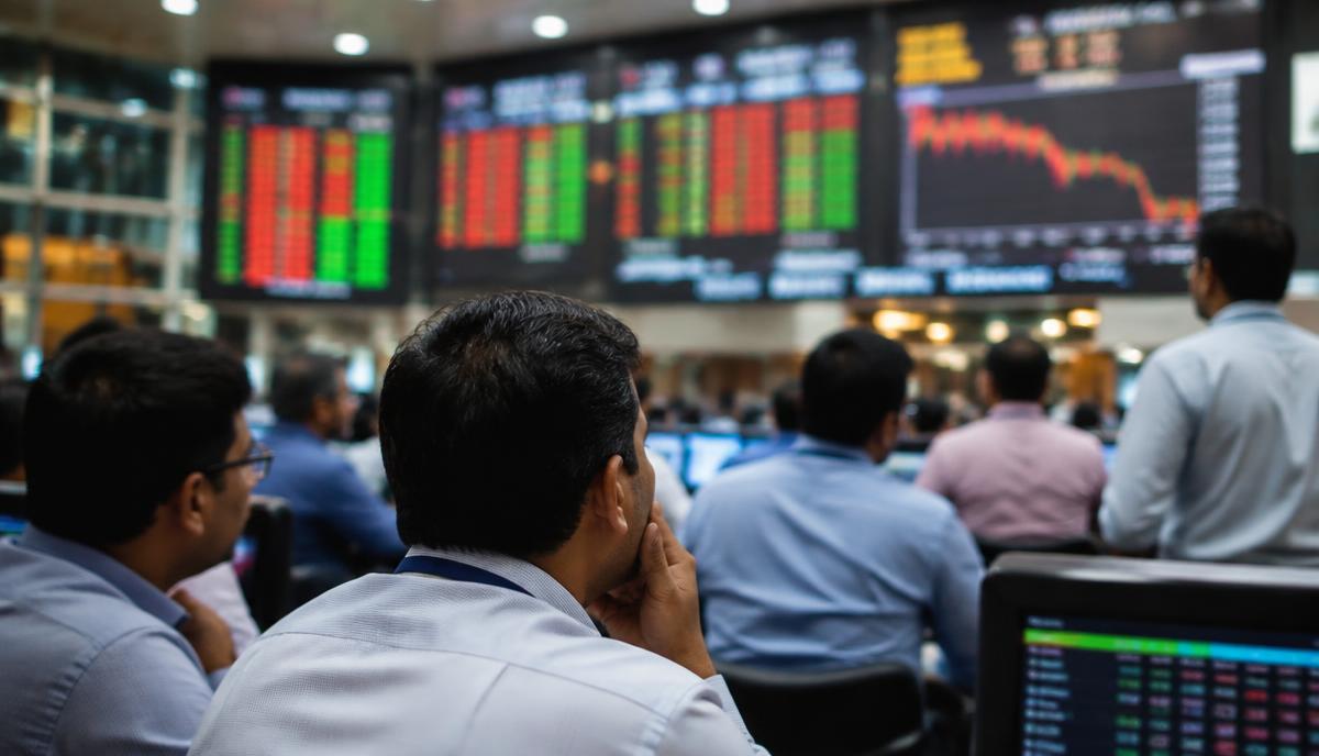 Market watchers looking at stock price screens in a trading room