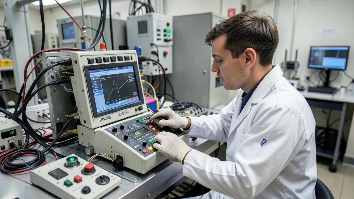 Technician calibrating navigation sensor equipment on a test bench in an electronics lab