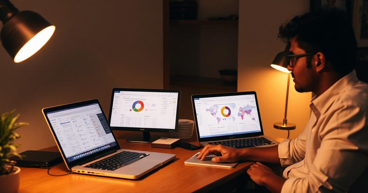 Founder working late at a desk with laptops showing analytics dashboards