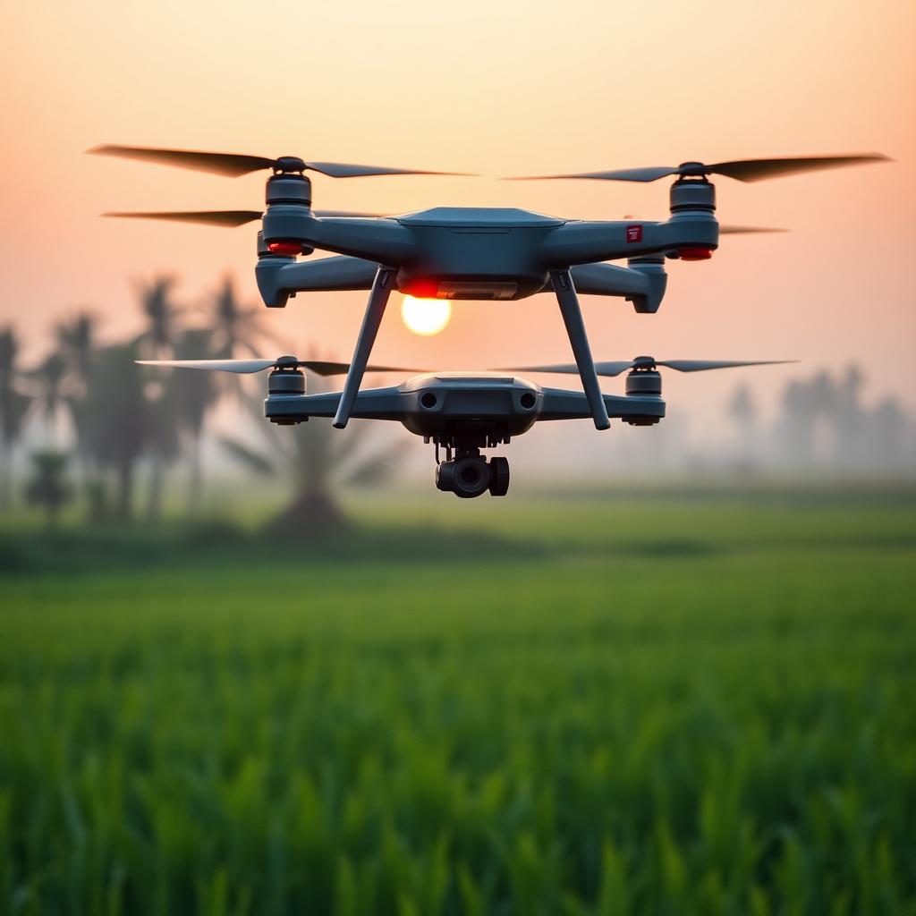 Agricultural drone hovering above a green Indian rice field at sunrise