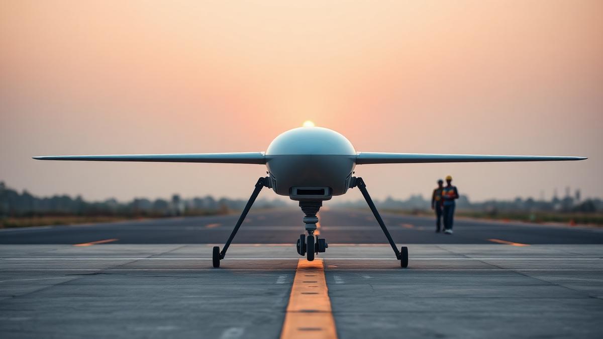 Lightweight autonomous delivery aircraft on a runway at dawn with engineers nearby