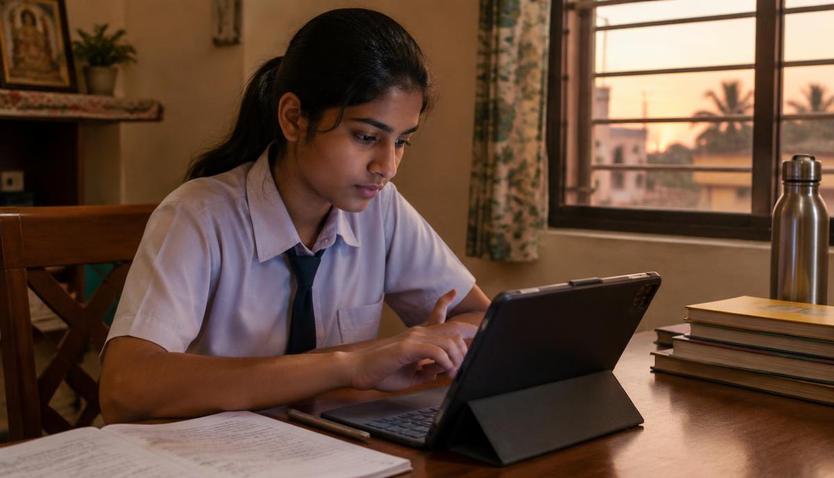 Student studying on a tablet at home in warm evening light