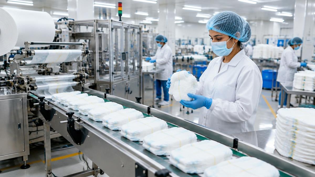 Quality inspector beside a baby care products production line — AI-generated editorial illustration