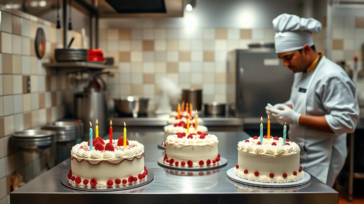 Decorated celebration cakes on a steel counter in a bakery kitchen
