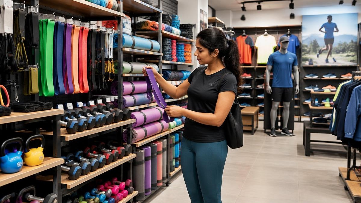 Shopper inspecting sports equipment in a retail store — AI-generated editorial illustration