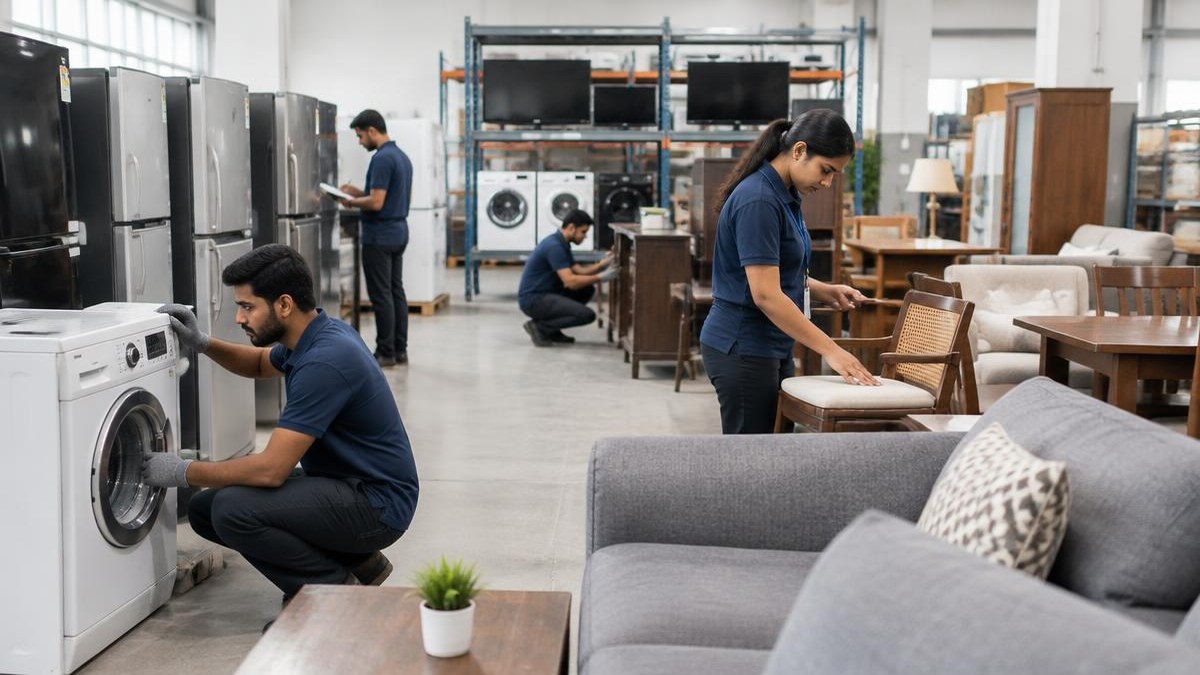 Workers inspecting pre-owned appliances and furniture — AI-generated editorial illustration