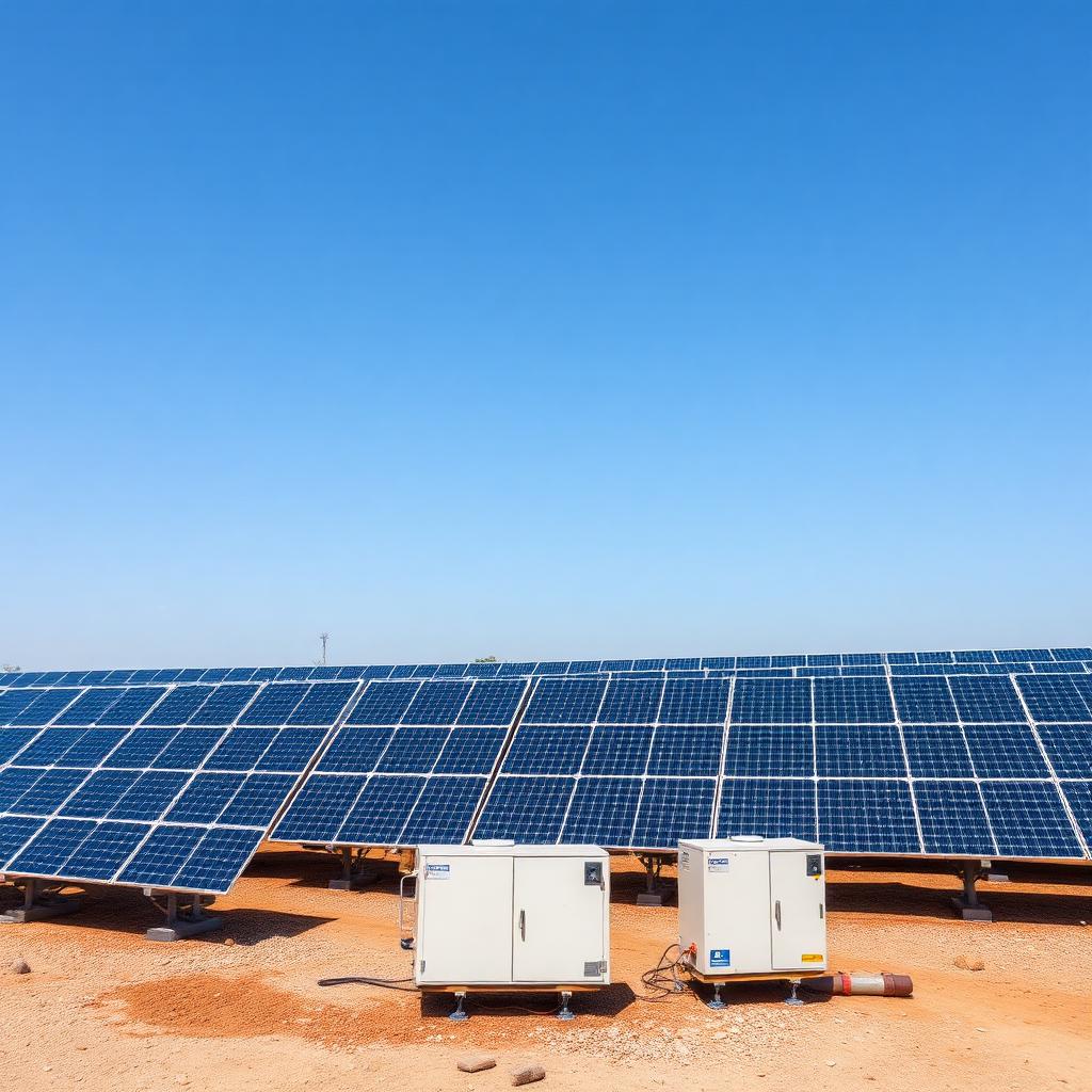 Utility-scale solar panels and battery storage units at an Indian clean energy project site