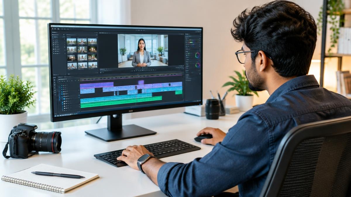 Video editor working with an instructional video timeline — AI-generated editorial illustration