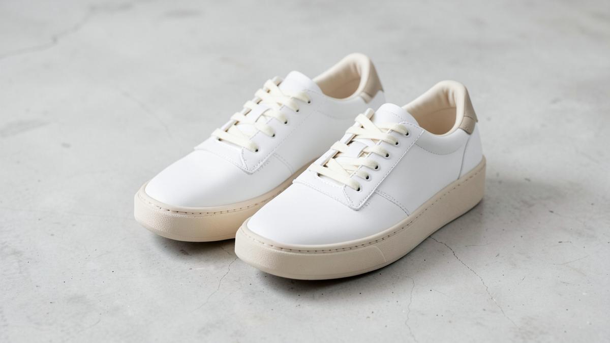 Pair of unbranded white and beige leather sneakers on a grey concrete floor
