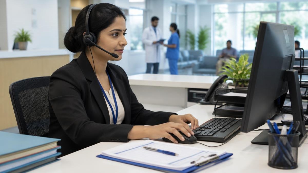 Healthcare administrator working at a hospital reception — AI-generated editorial illustration