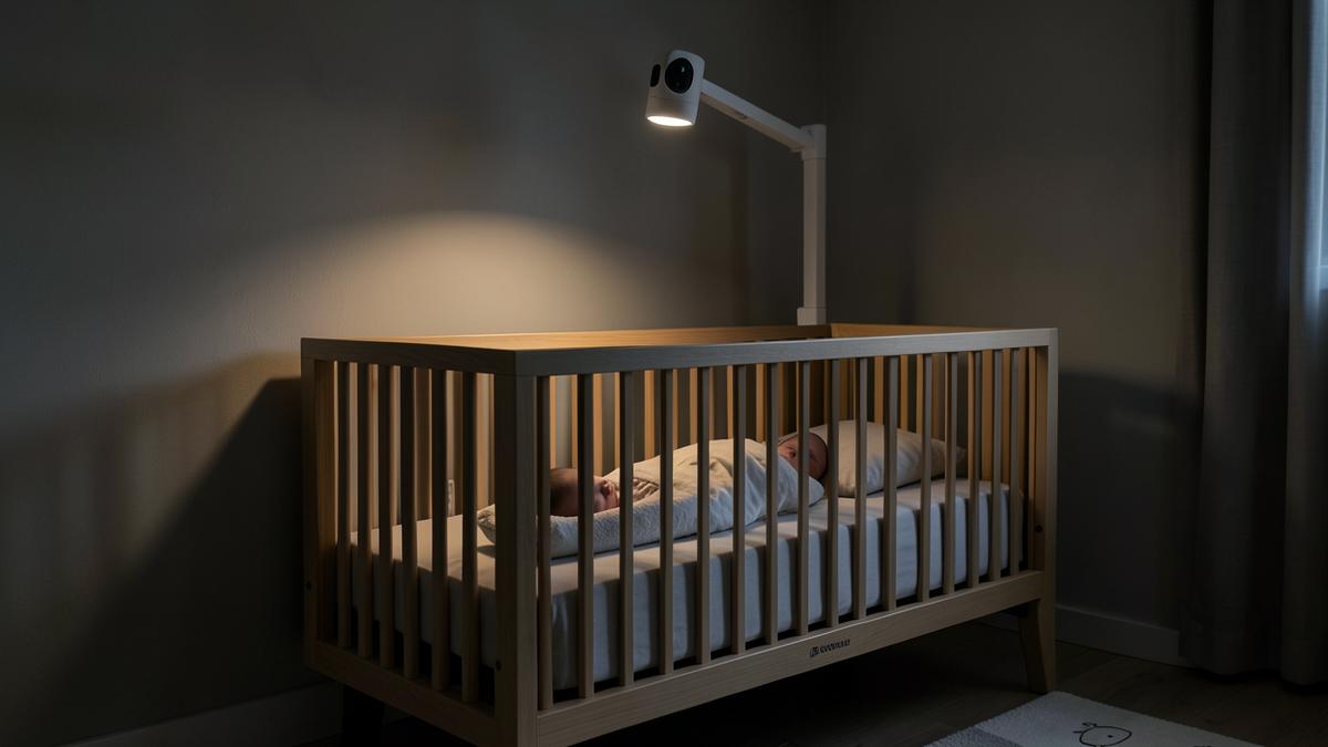Wooden crib in a dim nursery with a sensor arm mounted above the sleeping baby