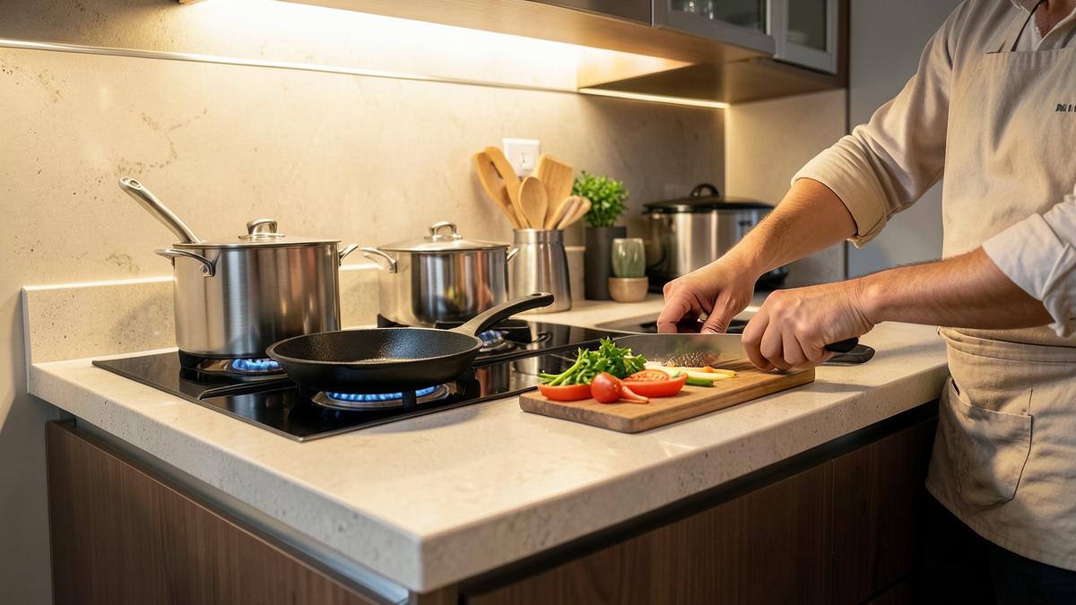 Stainless steel pans and cookware on a modern kitchen counter with vegetables being chopped