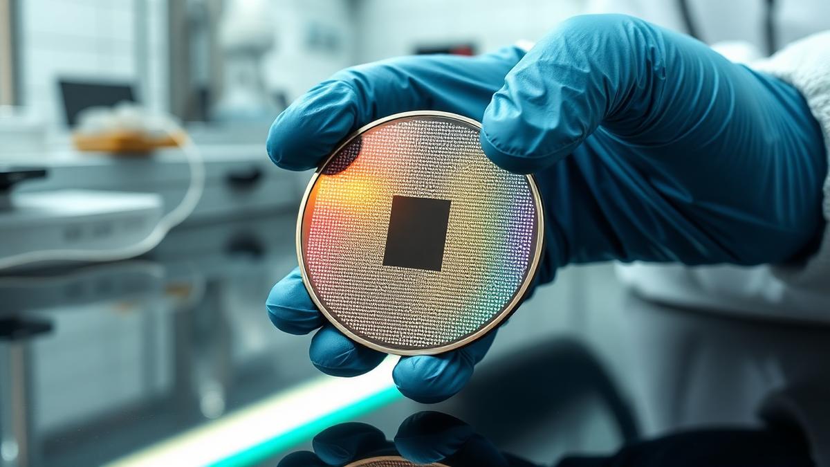 Gloved hands holding a silicon semiconductor wafer in a cleanroom
