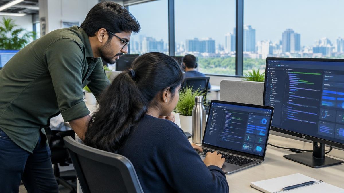Software engineers collaborating at an office desk — AI-generated editorial illustration