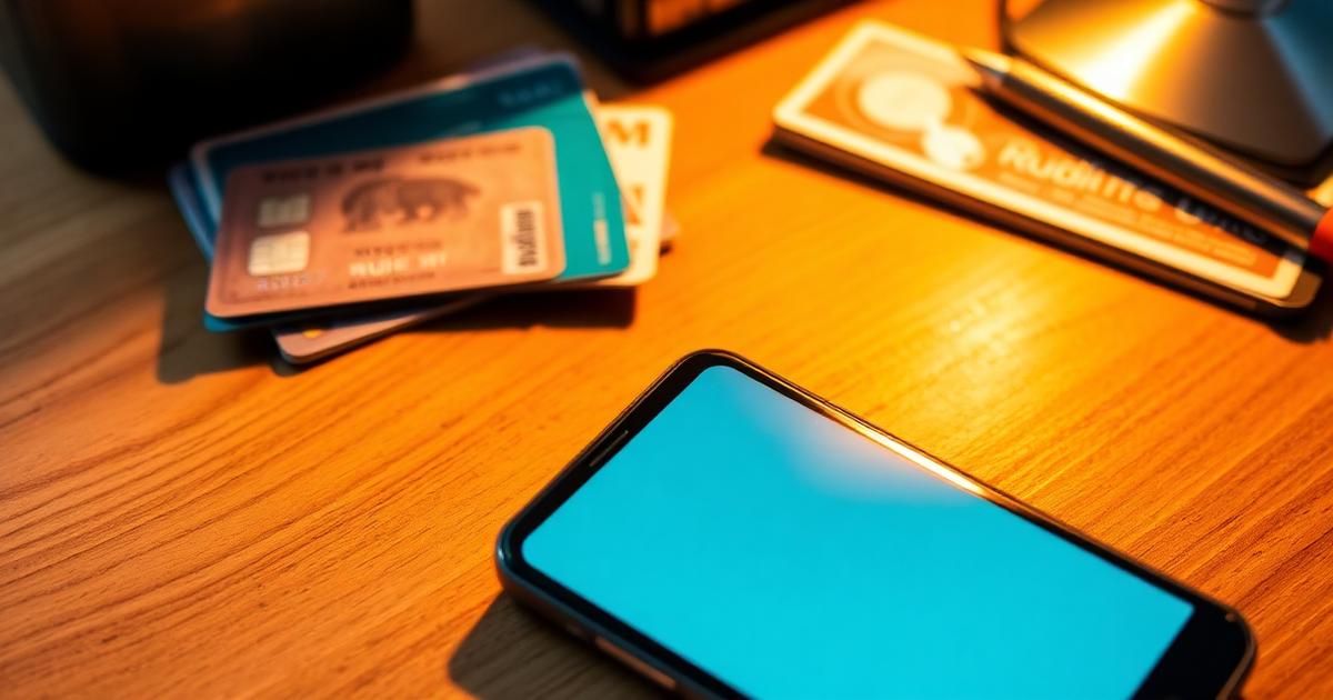 Smartphone with mobile banking screen next to credit cards on a desk