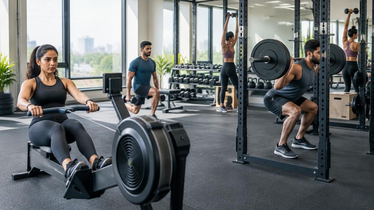Athletes training in a modern fitness studio — AI-generated editorial illustration