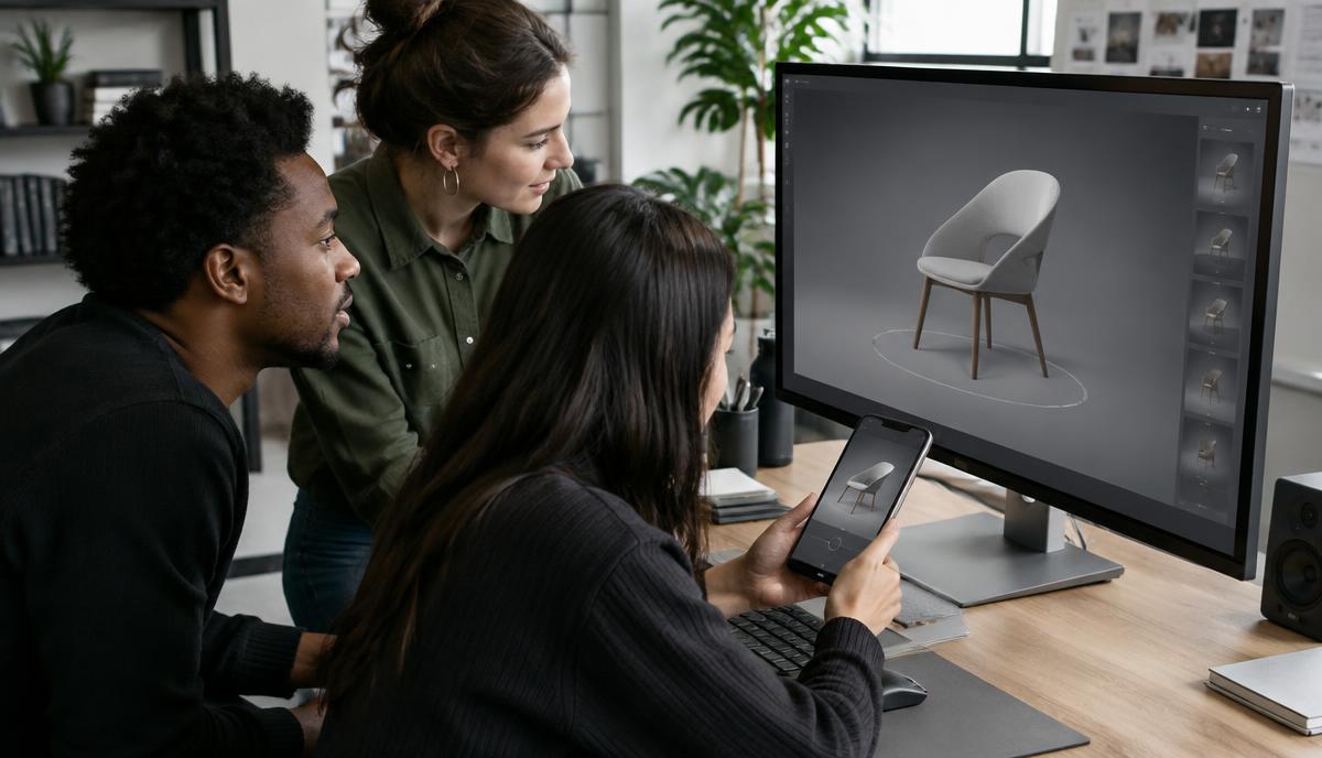 Creative team reviewing an interactive 3D product model on a monitor and phone