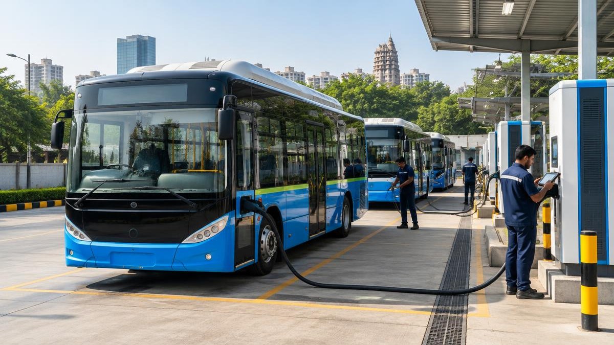 Electric buses and chargers at an Indian depot — AI-generated editorial illustration