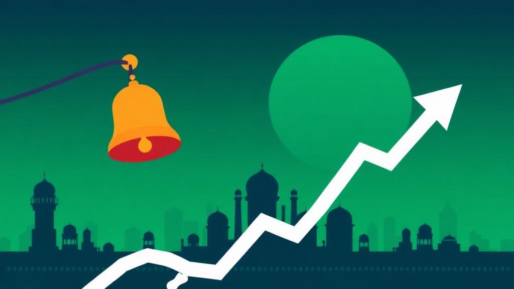 Groww IPO listing day stock market bell with rising chart and Indian skyline