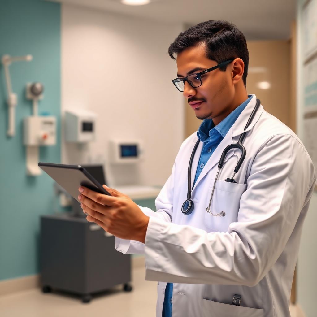 Healthcare professional using a tablet in a modern Indian clinic for telemedicine consultation