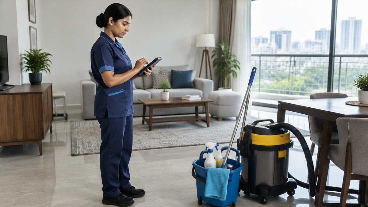 Home services professional checking a scheduling device — AI-generated editorial illustration