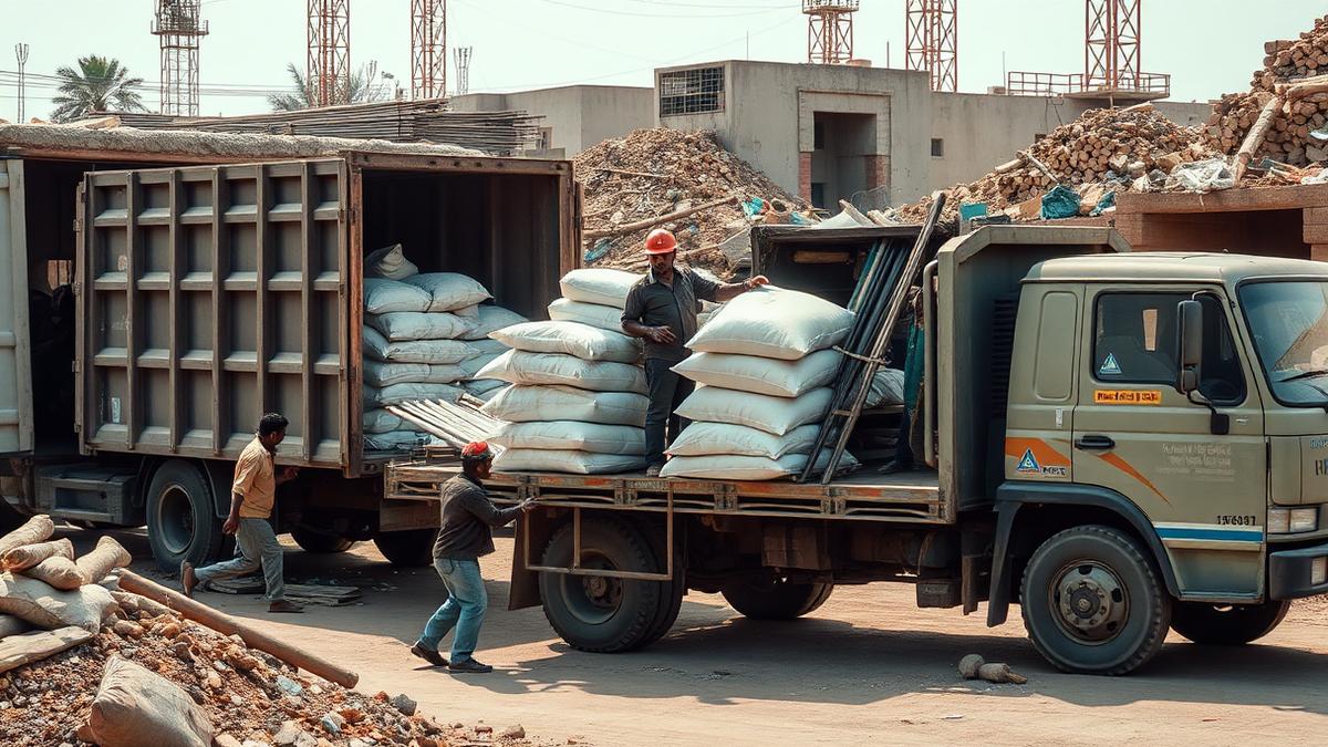 Workers unloading cement bags from a truck at an Indian construction site