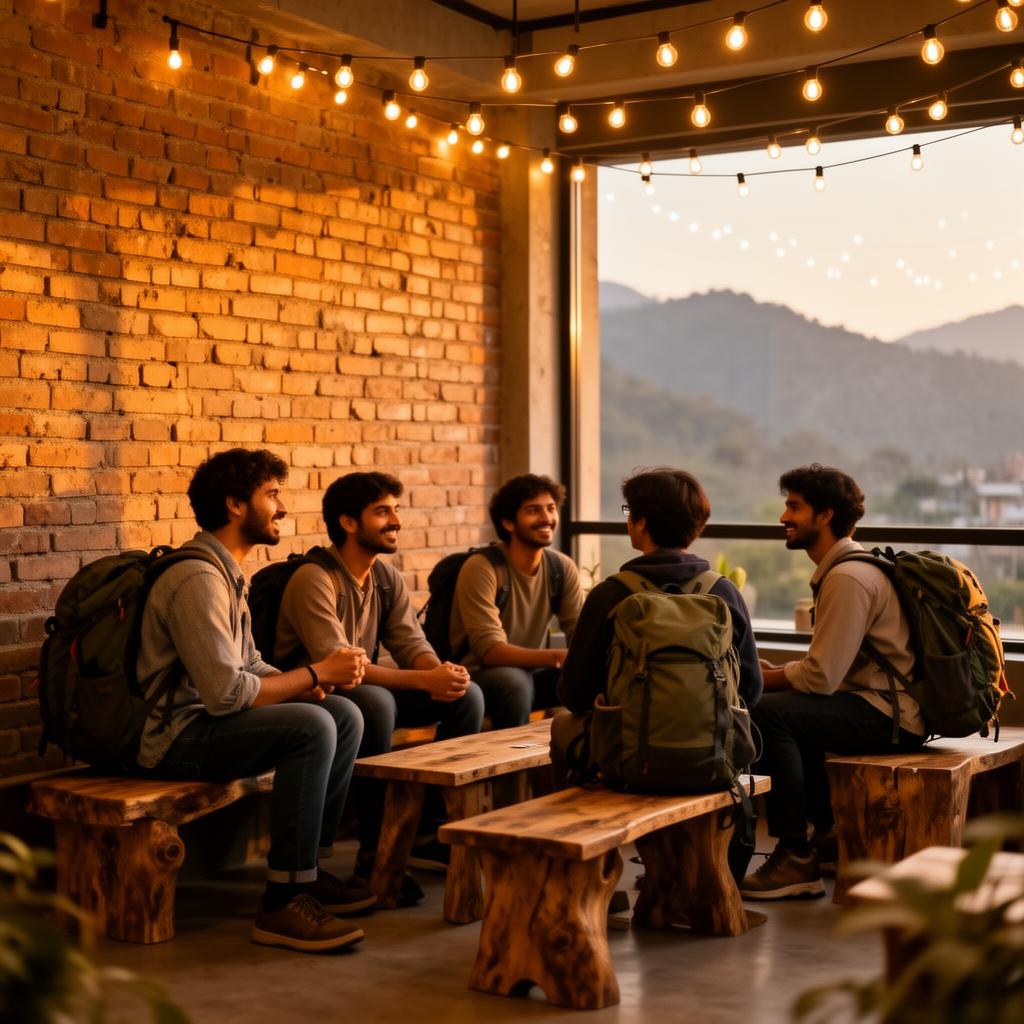 The Hosteller backpacker hostel in India with mountain backdrop and travelers