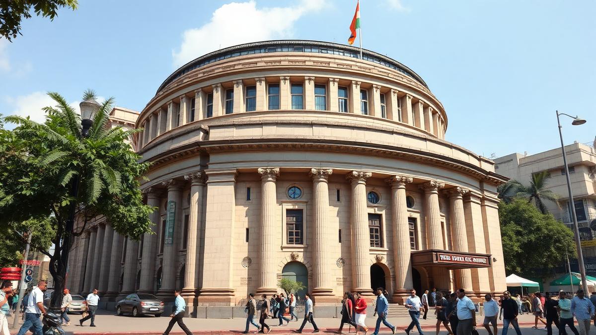 Exterior of a classical Indian stock exchange building with pedestrians walking past