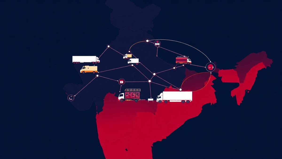 Map of India showing logistics network with trucks and warehouses representing logistics tech funding trends 2026
