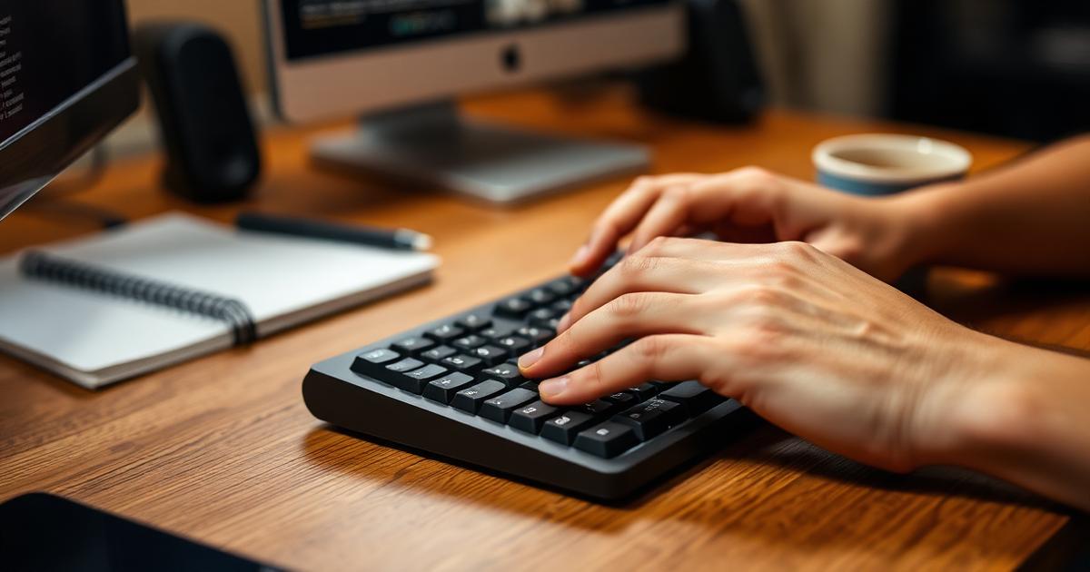 Close-up of hands typing on a keyboard at a software developer workstation