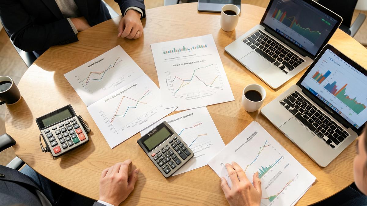 Overhead view of investors reviewing printed funding charts and laptops around a table