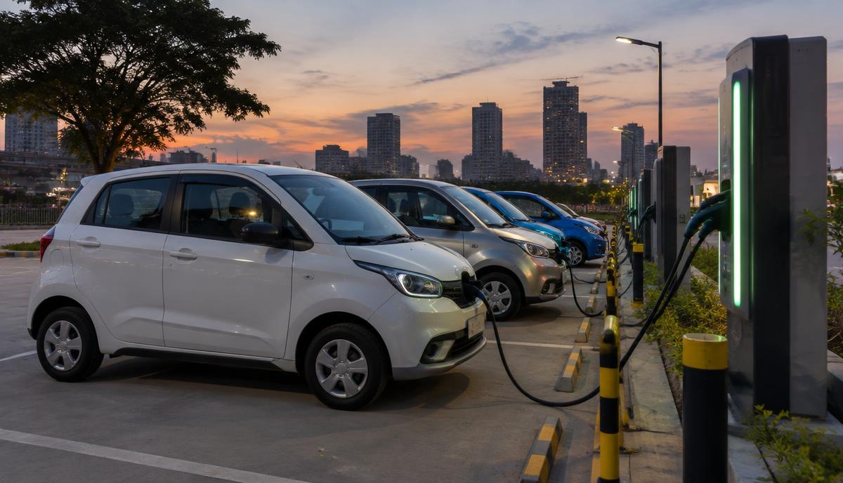 Electric cars charging at a city charging hub at dusk