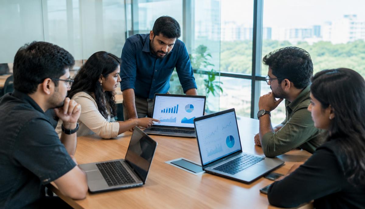 Founders and investors reviewing charts on laptops in a meeting room