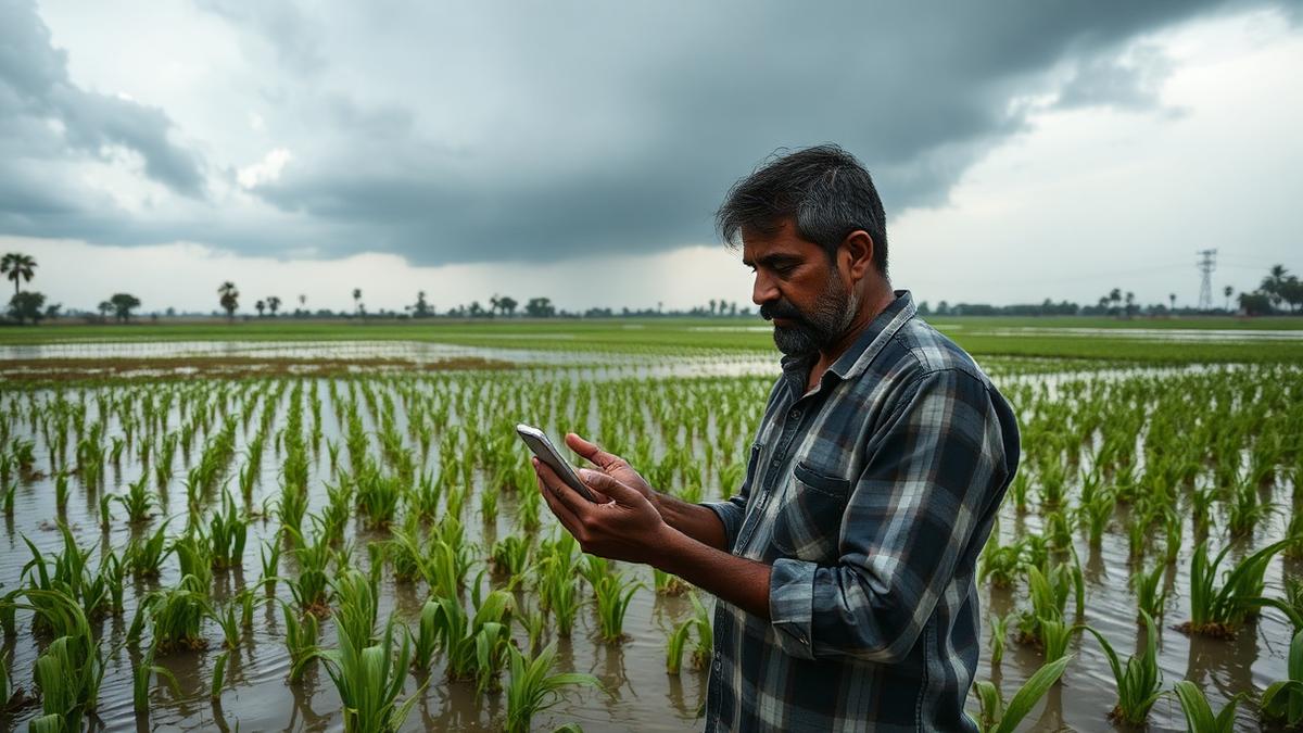 Farmer checking a phone beside a flooded field under a monsoon sky