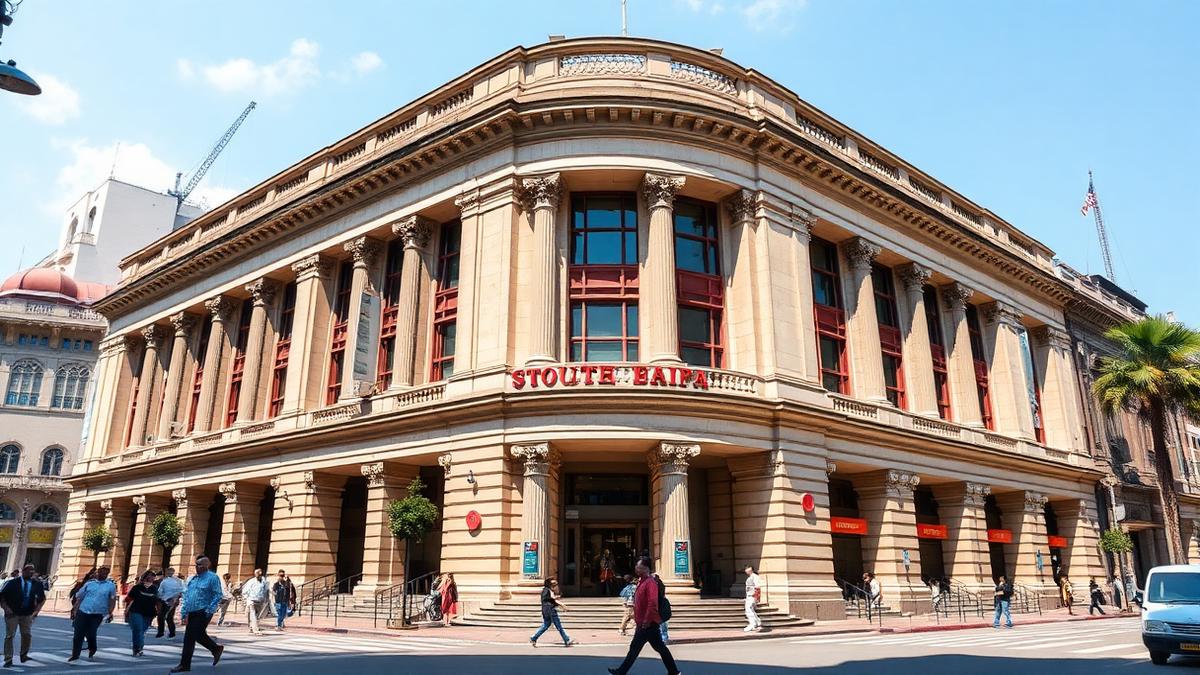 Exterior of a classical stock exchange building with people walking past