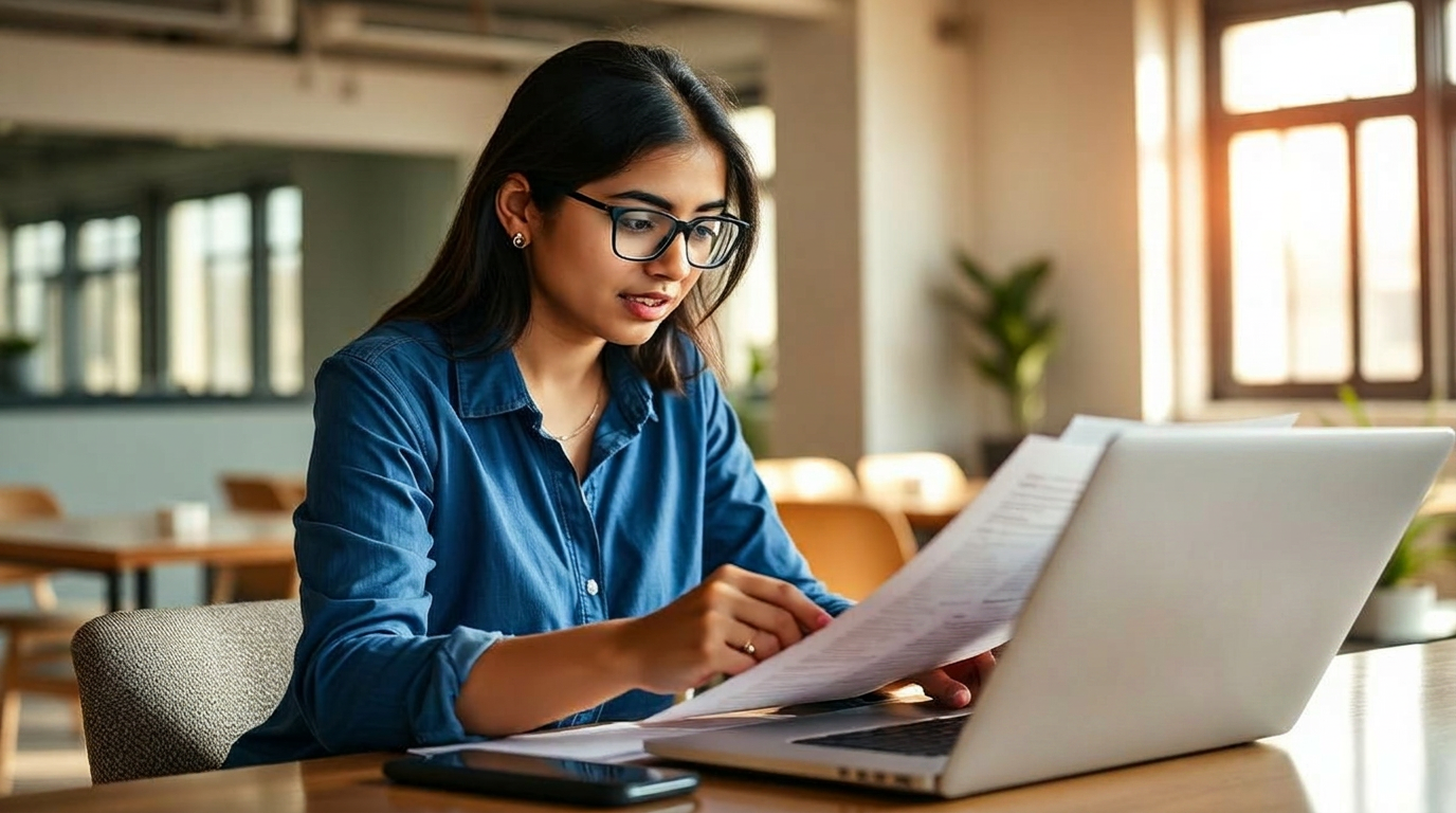 Indian female founder reviewing legal contract on laptop, representing Lawyered legaltech pre-Series A funding