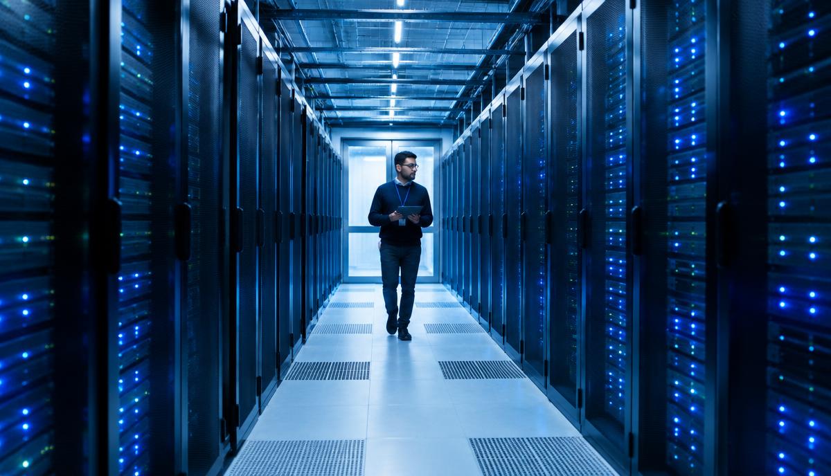 Engineer walking between rows of illuminated server racks in a data centre