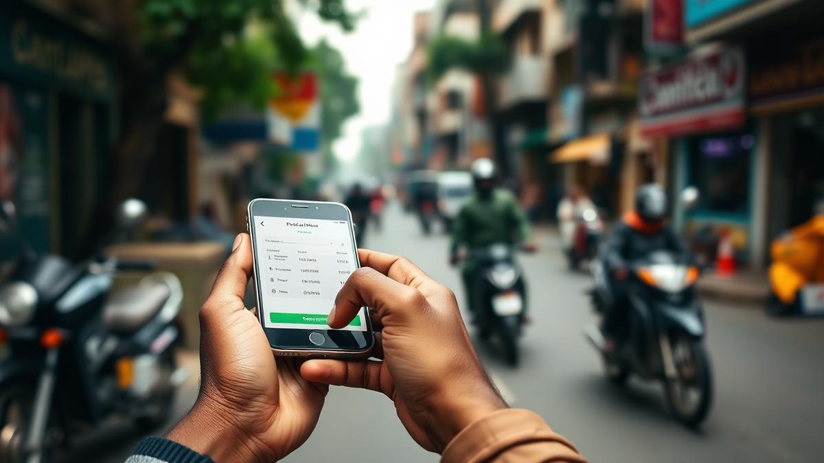 Person using a mobile payments app on a smartphone on an Indian city street