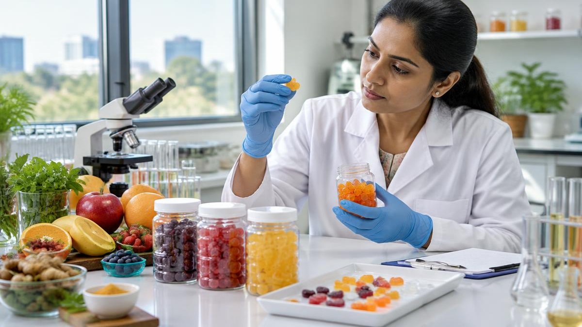 Food scientist inspecting unbranded nutritional gummies — AI-generated editorial illustration