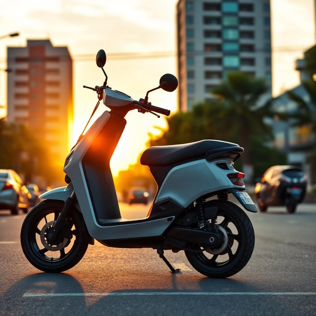 Modern electric two-wheeler scooter on a Bengaluru city street at golden hour