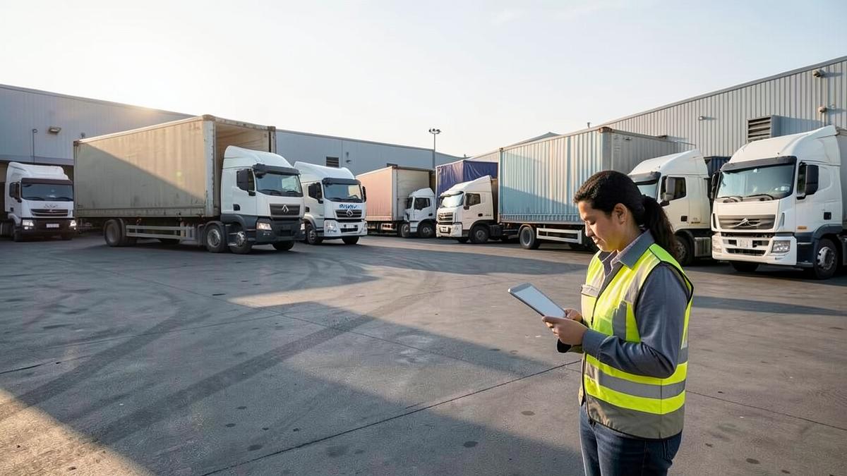 Supervisor in a safety vest checking a tablet in a warehouse yard with trucks loading