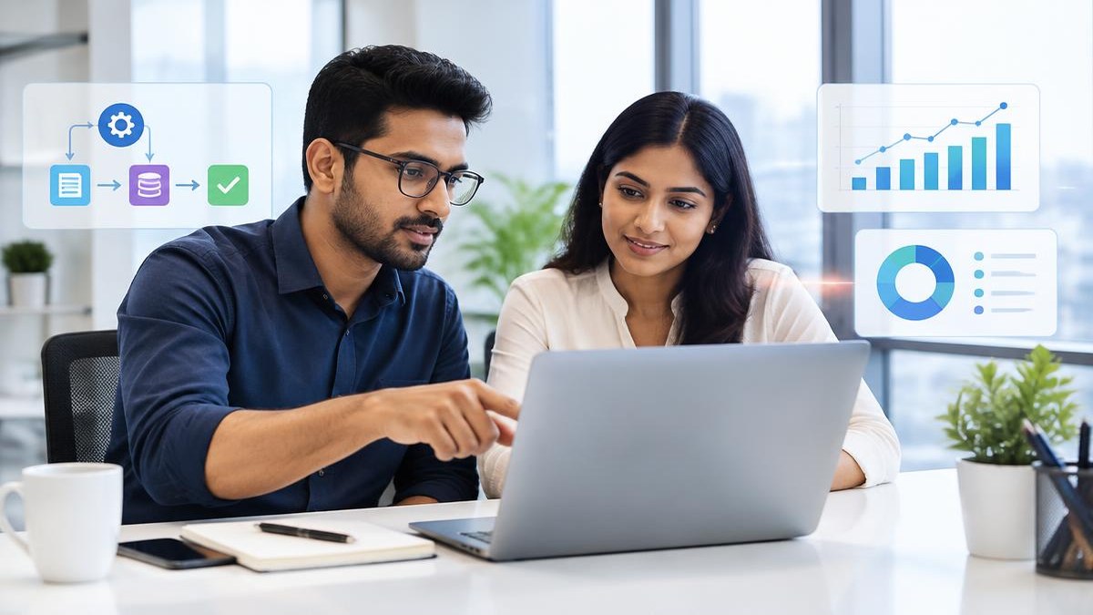 Business analysts collaborating on enterprise software — AI-generated editorial illustration