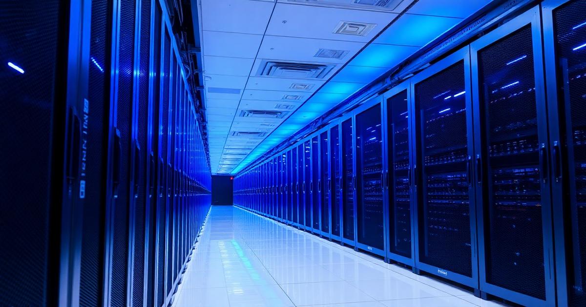 Modern AI data centre corridor with blue-lit server racks