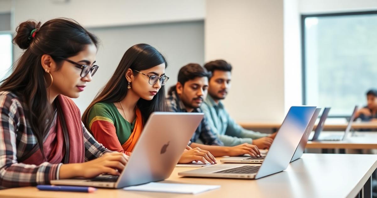 Indian students studying on laptops in a modern classroom setting