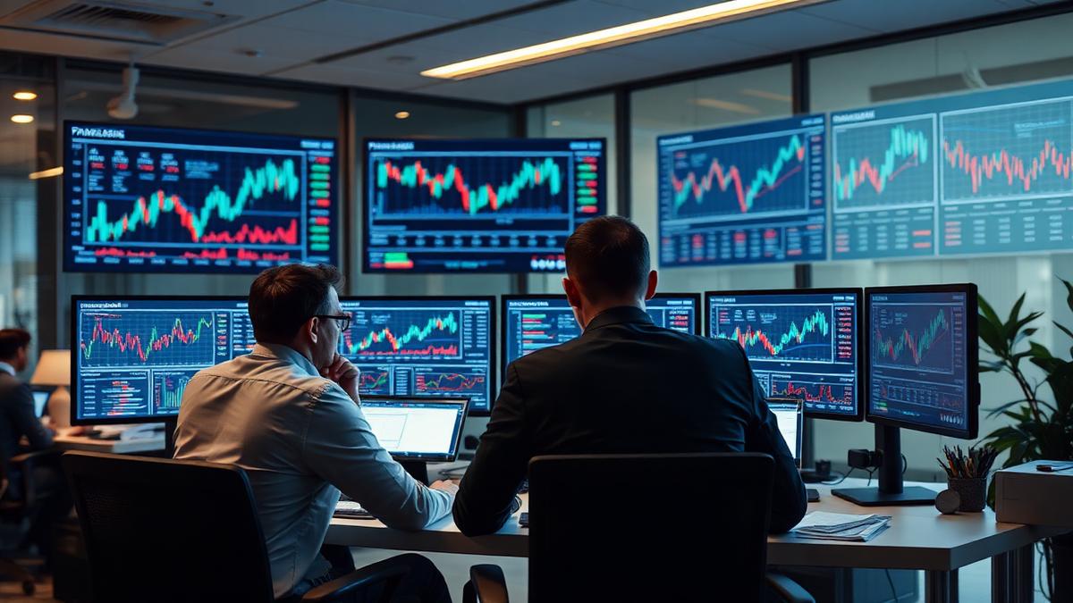 Analysts reviewing market charts on multiple monitors in an office