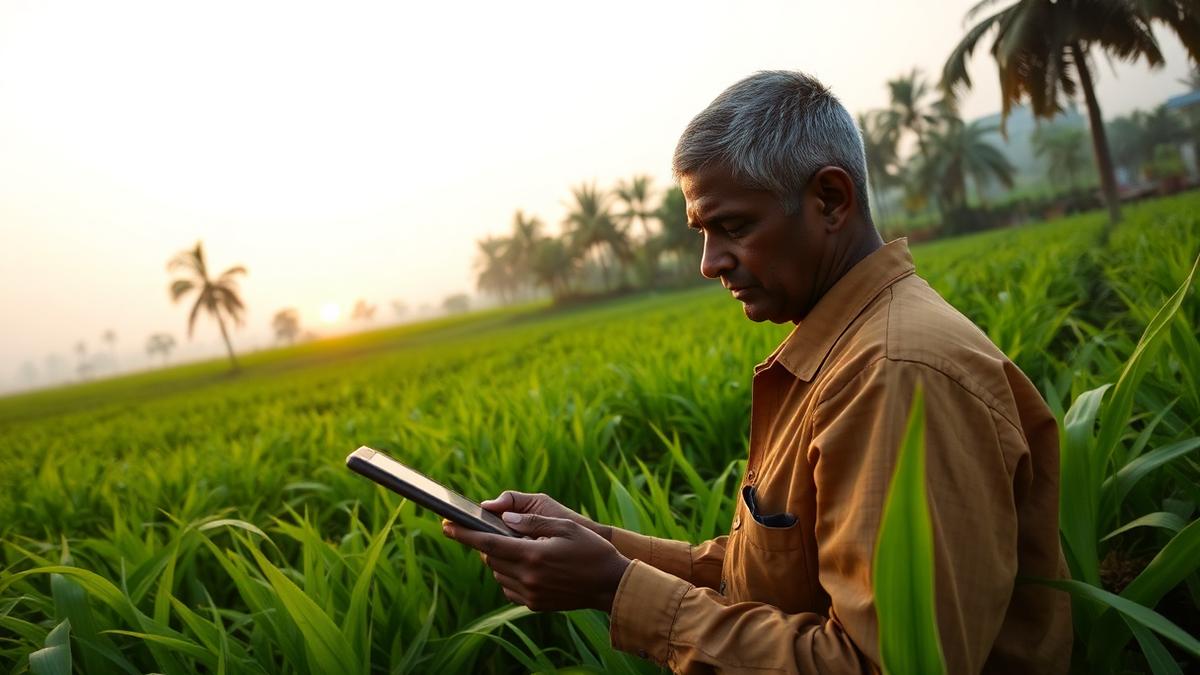 Indian farmer using digital tablet in green farmland representing Prithu climate tech funding round
