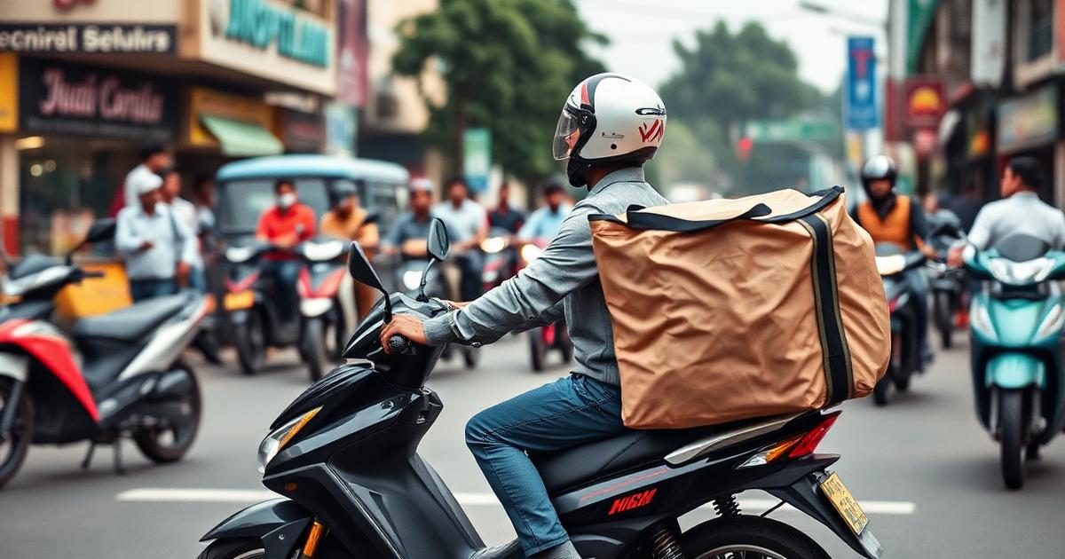 Quick commerce delivery rider on an electric scooter with an insulated bag in an Indian city