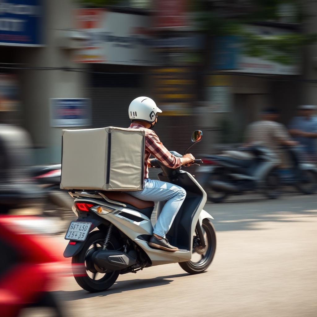 Quick-commerce delivery rider on an electric scooter in a busy Indian city street