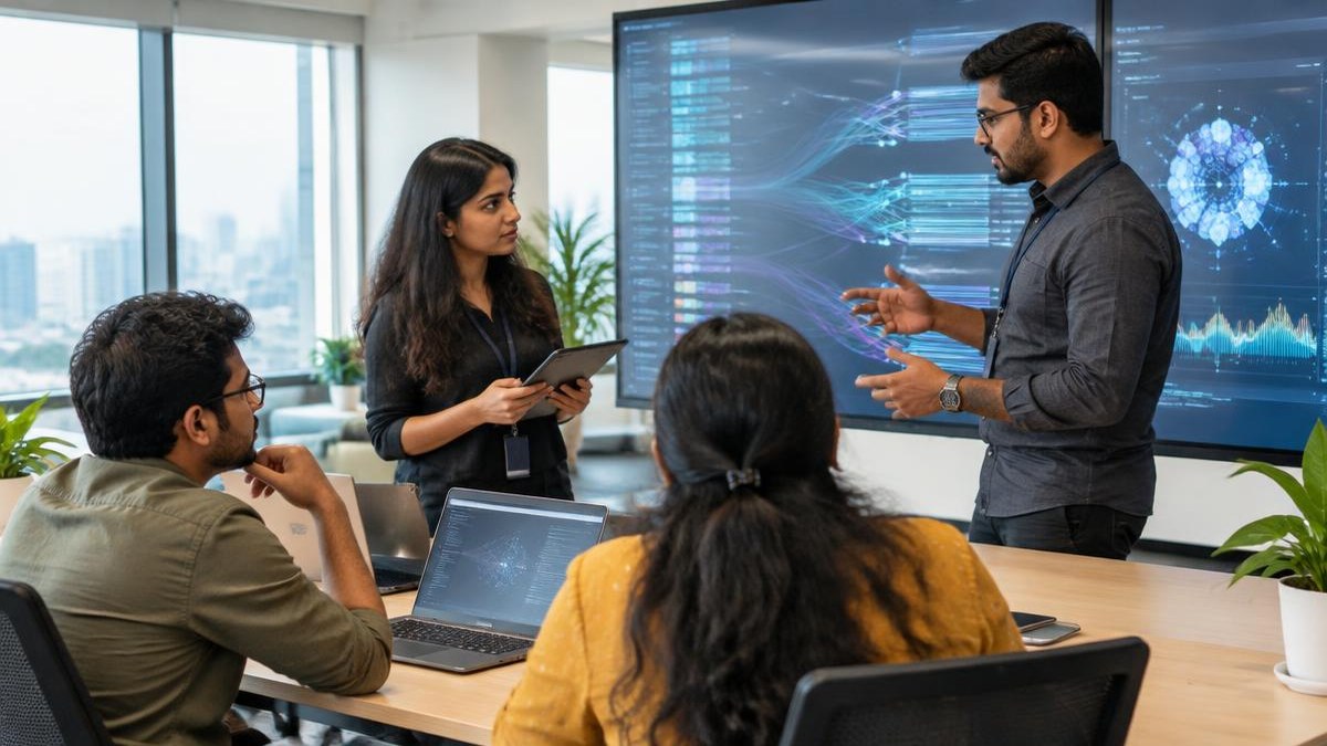 Enterprise AI team reviewing workflows in an office — AI-generated editorial illustration