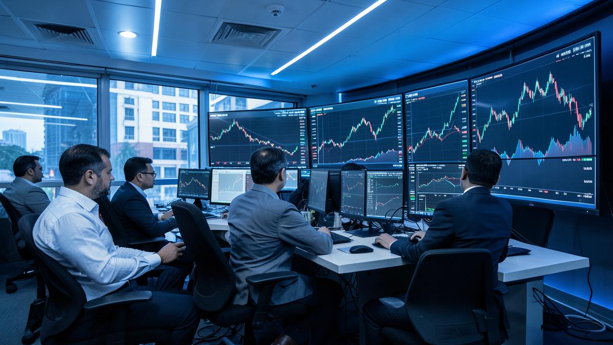 Analysts watching large screens of stock charts on a trading floor